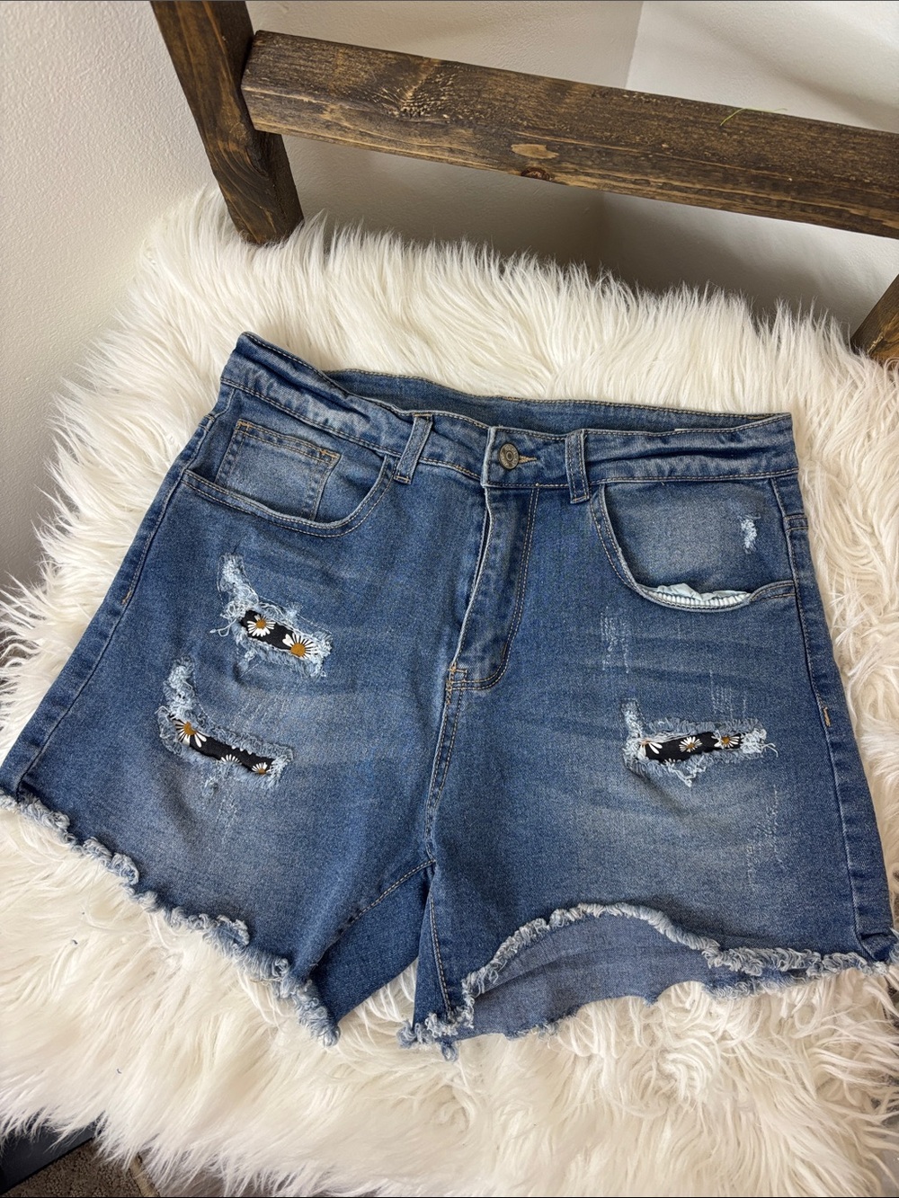 Blue Distressed Denim Shorts with Daisy Patch Size M